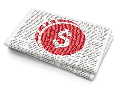 Currency concept: Pixelated red Dollar Coin icon on Newspaper background, 3D rendering
