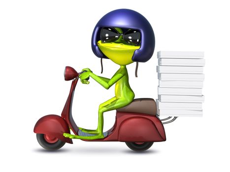 3D Illustration of a Frog Pizza Boy on a Motor Scooter