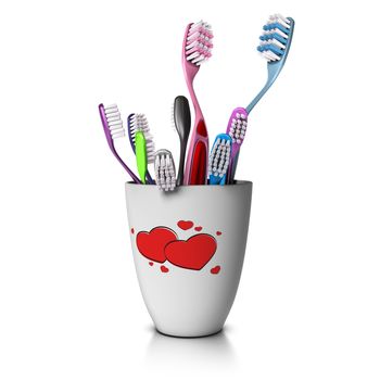 3D illustration of a tooth cup with many toothbrushes, two for the parents and seven for the chidren. Concept image of large family over white background. 