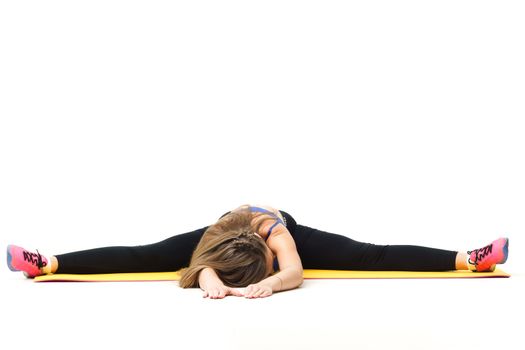 Concepts: healthy lifestyle, sport. Happy beautiful woman fitness trainer working out with yoga mat isolated on white background