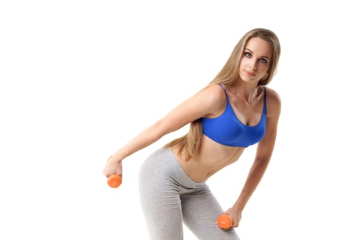 Concepts: healthy lifestyle, sport. Happy beautiful woman fitness trainer working out with small dumbbells isolated on white background