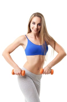 Concepts: healthy lifestyle, sport. Happy beautiful woman fitness trainer working out with small dumbbells isolated on white background