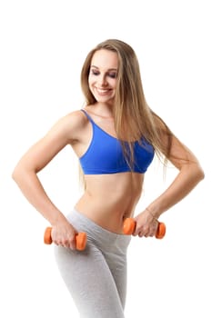 Concepts: healthy lifestyle, sport. Happy beautiful woman fitness trainer working out with small dumbbells isolated on white background