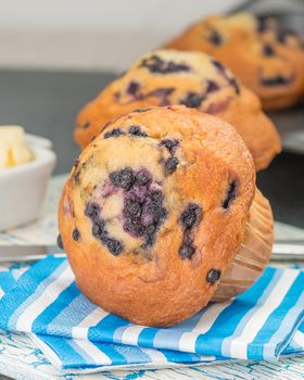Closeup photograph of a freshly made blueberry muffin.