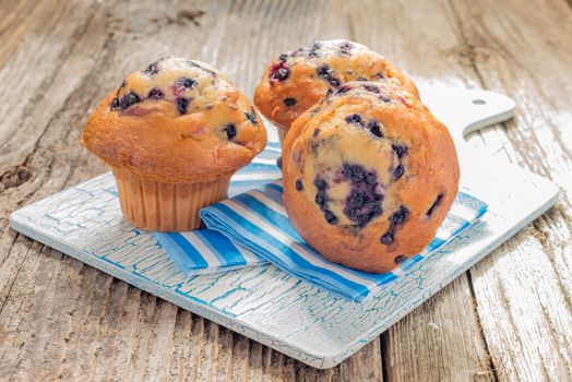 Closeup photograph of homemade blueberry muffins on a rustic background.