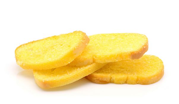 Crispy bread butter with sugar on white background