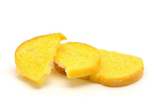 Crispy bread butter with sugar on white background