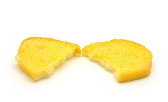 Crispy bread butter with sugar on white background