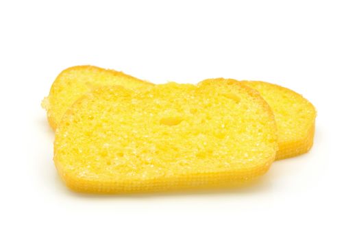 Crispy bread butter with sugar on white background