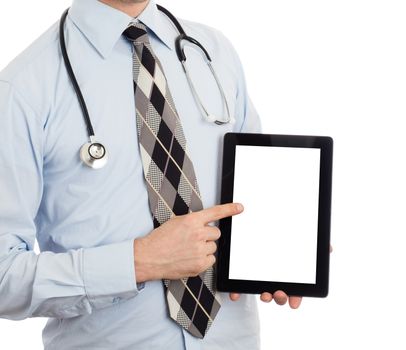 Doctor holding blank digital tablet with copy space and clipping path for the screen