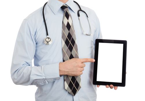 Doctor holding blank digital tablet with copy space and clipping path for the screen