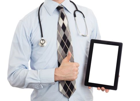 Doctor holding blank digital tablet with copy space and clipping path for the screen