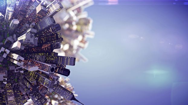 3d rendering of big city on small planet  with copyspace area