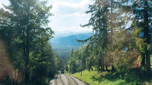 Railroad tracks for mountain lift on Gubalowka, Poland.