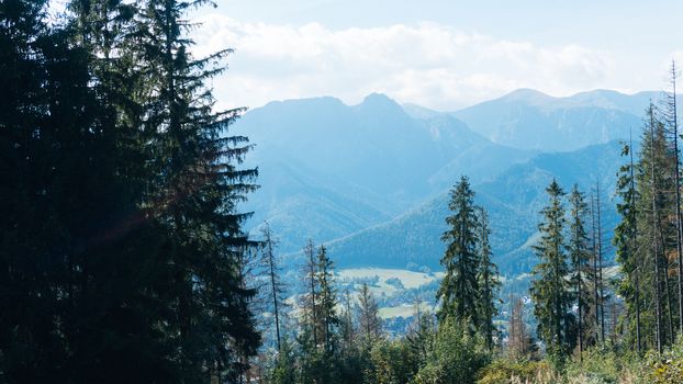 Beautiful landscape of mountains, view at Zakopane from the top of Gubalowka, Tatra Mountains in Poland.