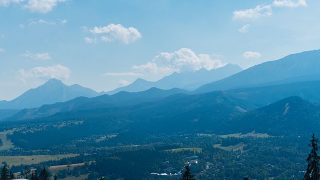 Beautiful landscape of mountains, view at Zakopane from the top of Gubalowka, Tatra Mountains in Poland.