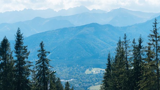 Beautiful landscape of mountains, view at Zakopane from the top of Gubalowka, Tatra Mountains in Poland.