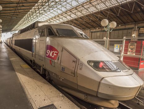 Paris, France - February 15, 2016: SNCF high speed train parked in Gare du Nord from Paris, France, on 15 February 2016