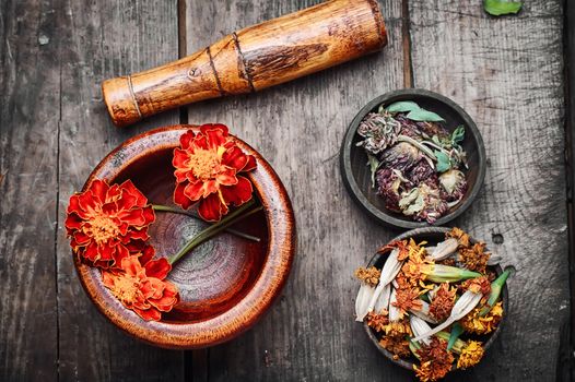 Mortar with healing flowers, plant marigolds and pestle