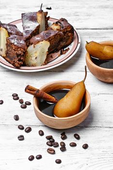 Coffee pastry pie with autumn pears and coffee with spices