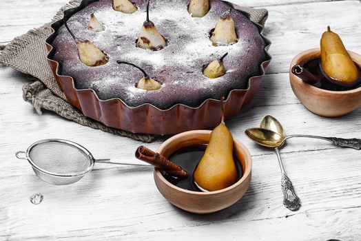 Coffee pastry pie with autumn pears and coffee with spices