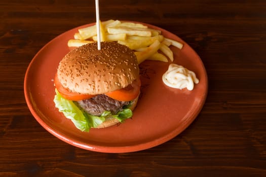 Hamburger with salad and tomatoes matched by fried potatoes and mayonnaise on an earthenware plate