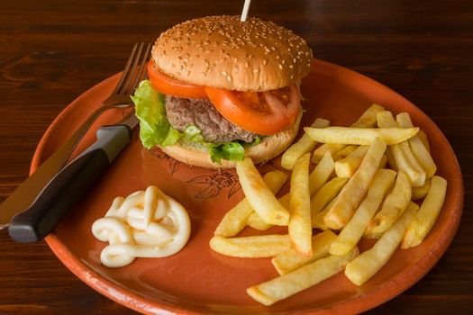 Hamburger with salad and tomatoes matched by fried potatoes and mayonnaise on a table