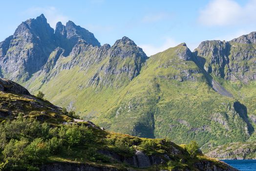 Colorful summer landscape with sharp mountain peaks in Norway.