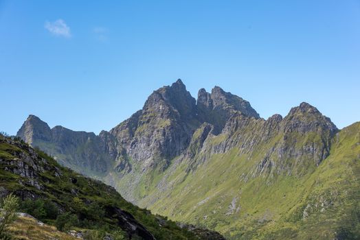 Colorful summer landscape with sharp mountain peaks in Norway.