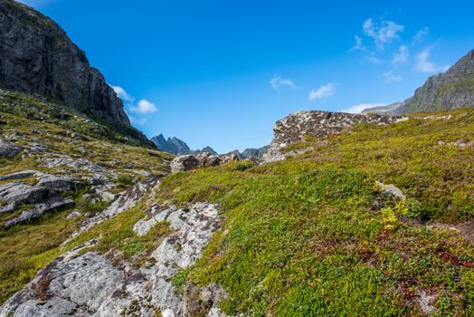 Colorful summer landscape with sharp mountain peaks in Norway.