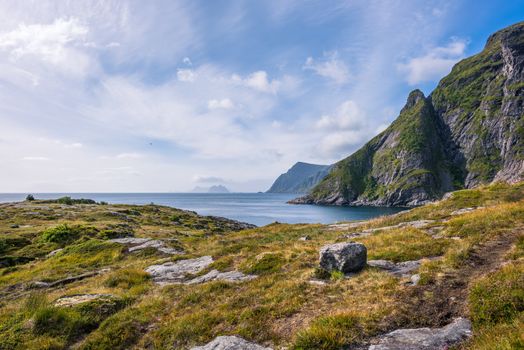 Colorful summer landscape with mountains and water in Norway.