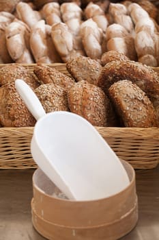 Bread in wicker baskets and tools