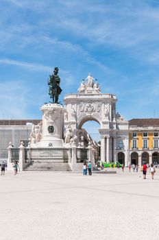 LISBON, PORTUGAL - AUGUST 23: Statue of King Jose I and Rue Augusta Arch on Commerce Square on 23 August, 2014 in Lisbon.