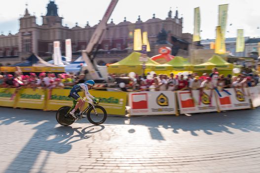 KRAKOW, POLAND - AUGUST 9: Cyclist at the final stage of 71th Tour de Pologne on August 9, 2014 in Krakow. Tour de Pologne is the biggest cycling event in Eastern Europe.