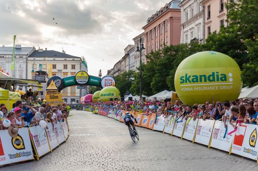 KRAKOW, POLAND - AUGUST 9: Gianluca Brambilla at the final stage of 71th Tour de Pologne on August 9, 2014 in Krakow. Tour de Pologne is the biggest cycling event in Eastern Europe.