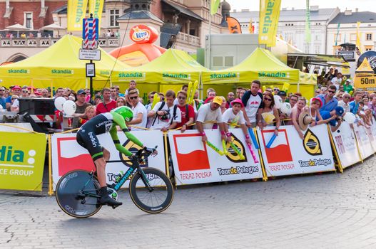 KRAKOW, POLAND - AUGUST 9: Cyclist at the final stage of 71th Tour de Pologne on August 9, 2014 in Krakow. Tour de Pologne is the biggest cycling event in Eastern Europe.