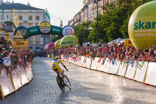 KRAKOW, POLAND - AUGUST 9: Rafal Majka at the final stage of 71th Tour de Pologne on August 9, 2014 in Krakow. Tour de Pologne is the biggest cycling event in Eastern Europe.
