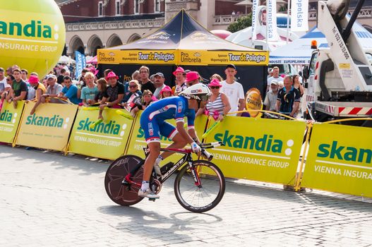 KRAKOW, POLAND - AUGUST 9: Cyclist at the final stage of 71th Tour de Pologne on August 9, 2014 in Krakow. Tour de Pologne is the biggest cycling event in Eastern Europe.