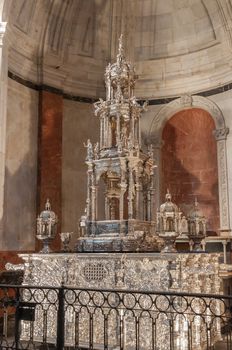 CADIZ, SPAIN - AUGUST 27, 2014: Custodia del Millon, a 17th Century four meter tall silver monstrance set with a million precious gemstones in the Cadiz Cathedral,