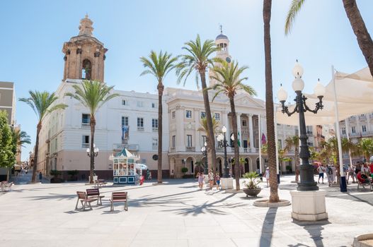 CADIZ, SPAIN - AUGUST 27, 2014: City Hall building on the Plaza de San Juan de Dios in Cadiz on a sunny day