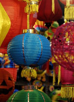 Group of colorful lantern at lanterns street on mid autumn festival, Ho Chi Minh city, Vietnam. A traditional culture for children when full moon