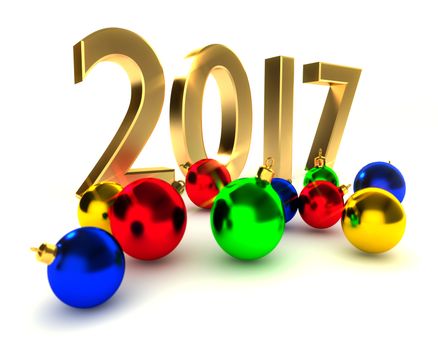 2017 new year, christmas balls, 3d illustration on white