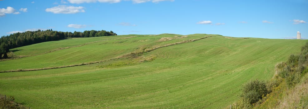 panoramic landscape of a green field countryside meadow pasture farm