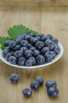 Blueberries on white plate over  wooden background