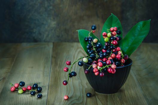 Thai Blueberry in black bowl over wooden background , still life