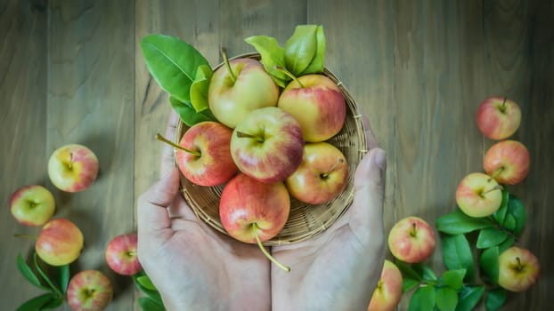 human hand holding red and yellow apple  on wooden background , Top view