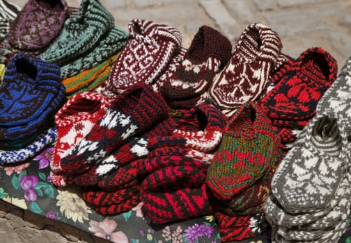 Street market with knitted slippers, Khiva, Uzbekistan