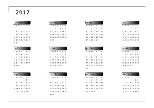 Black and white simple 2017 year calendar in french language, isolated on white background