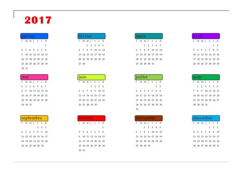 Simple colorful 2017 year calendar in french language, isolated on white background