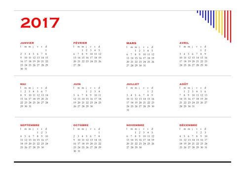 Colorful simple 2017 year calendar in french language, isolated on white background